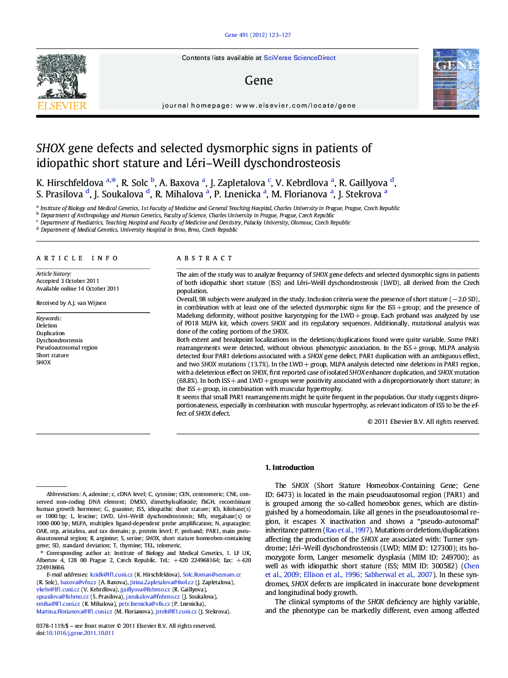 SHOX gene defects and selected dysmorphic signs in patients of idiopathic short stature and Léri–Weill dyschondrosteosis