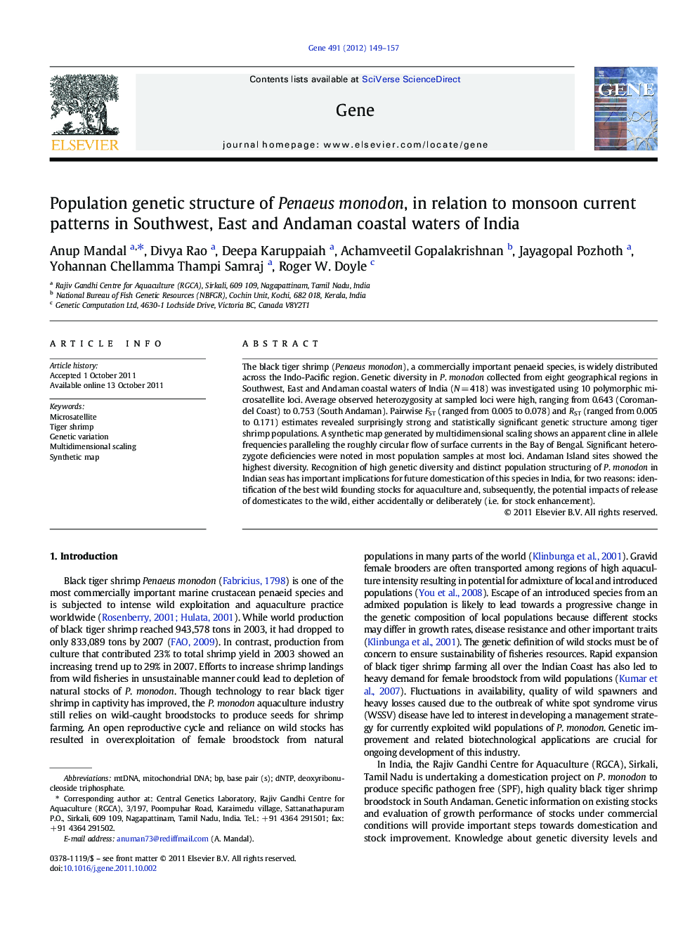 Population genetic structure of Penaeus monodon, in relation to monsoon current patterns in Southwest, East and Andaman coastal waters of India