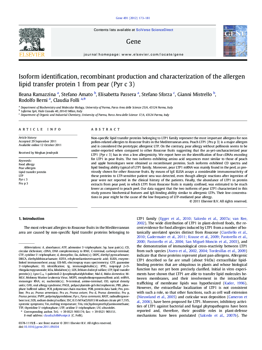 Isoform identification, recombinant production and characterization of the allergen lipid transfer protein 1 from pear (Pyr c 3)