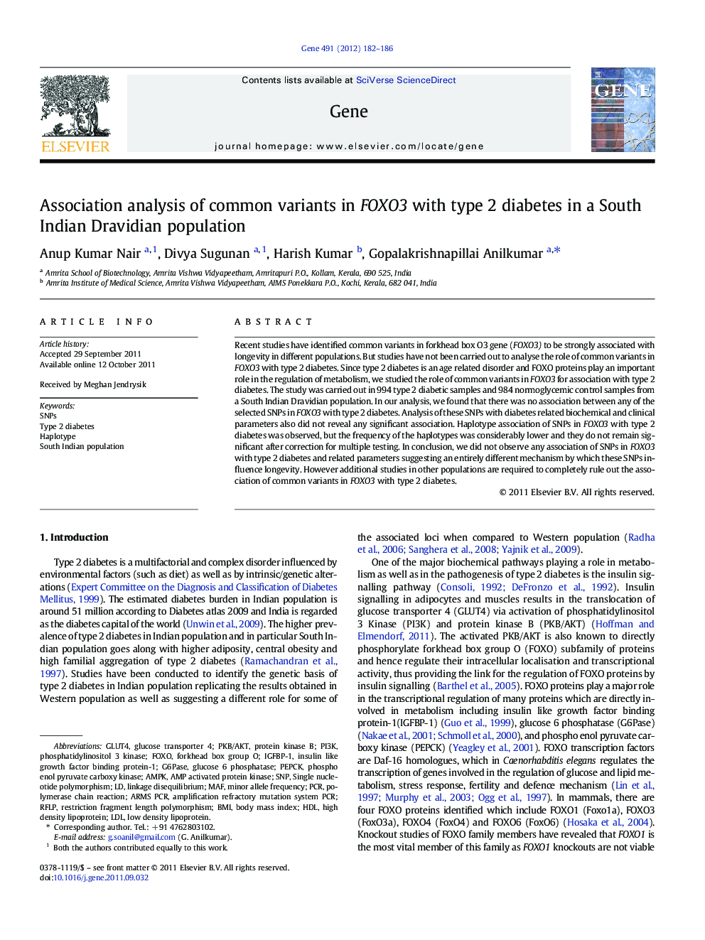 Association analysis of common variants in FOXO3 with type 2 diabetes in a South Indian Dravidian population