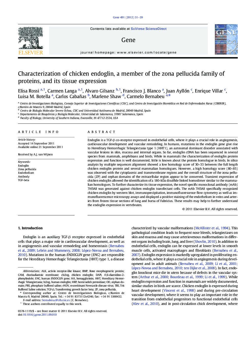 Characterization of chicken endoglin, a member of the zona pellucida family of proteins, and its tissue expression