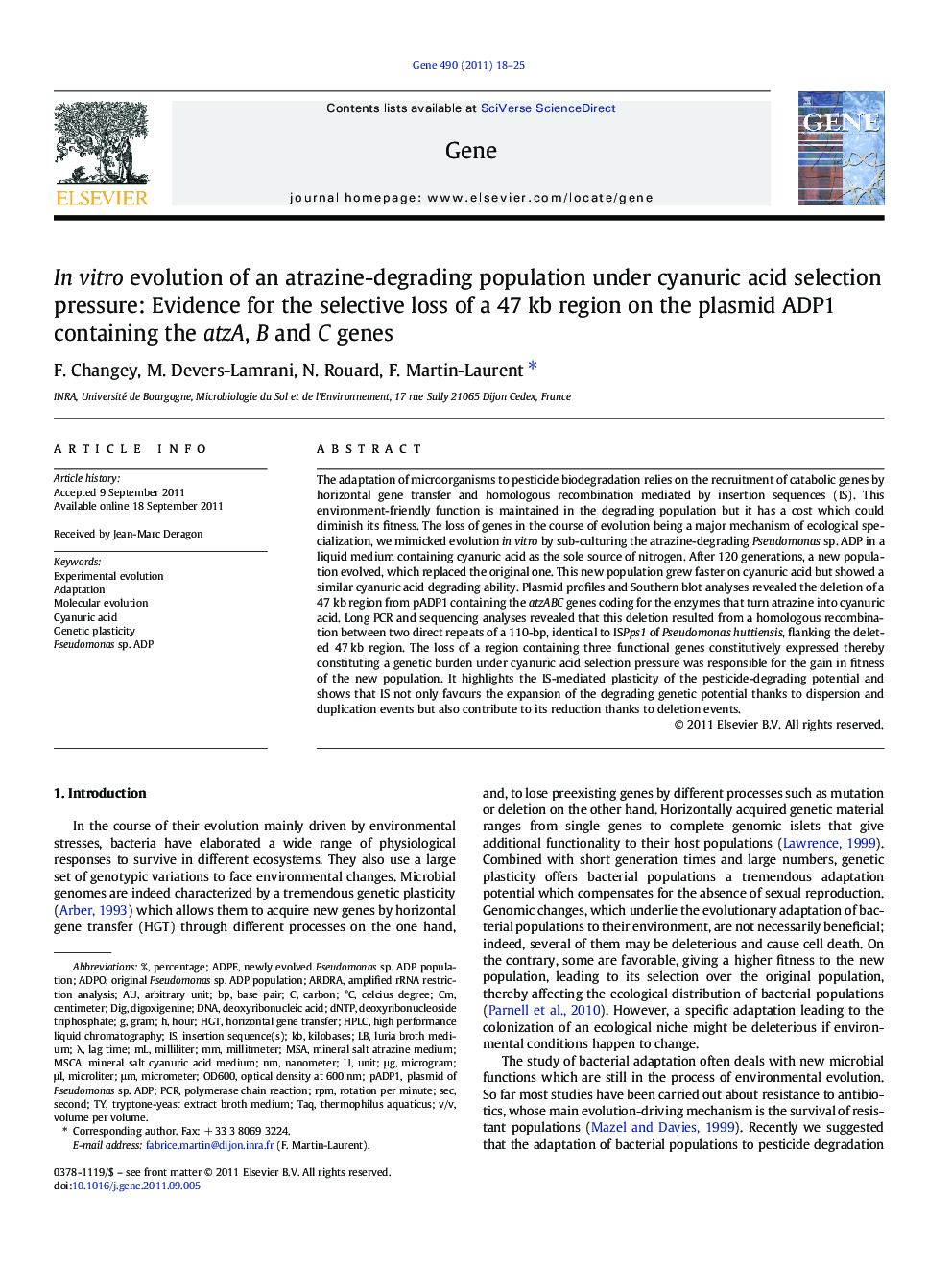 In vitro evolution of an atrazine-degrading population under cyanuric acid selection pressure: Evidence for the selective loss of a 47 kb region on the plasmid ADP1 containing the atzA, B and C genes