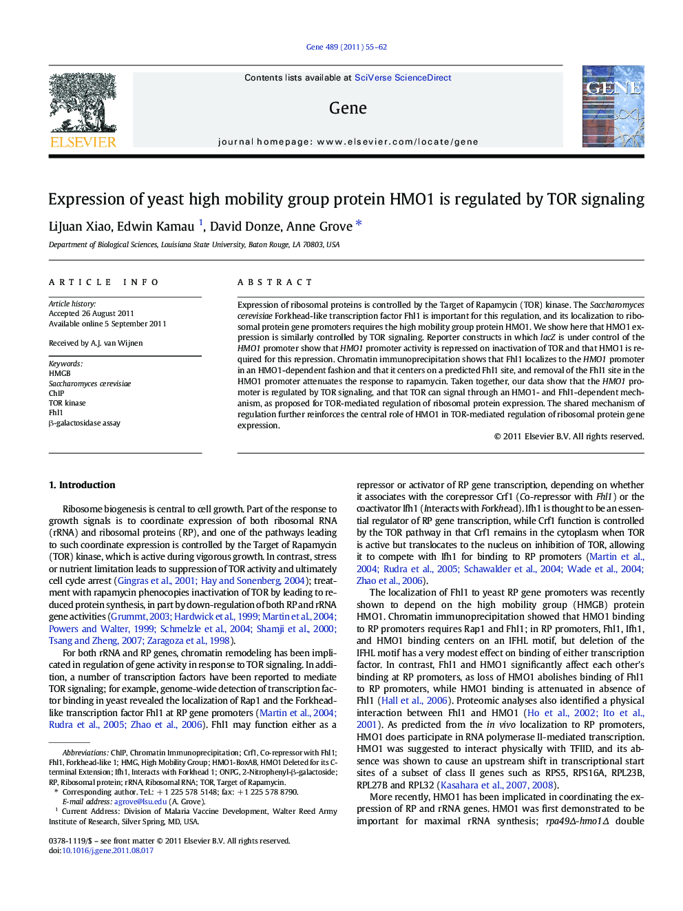 Expression of yeast high mobility group protein HMO1 is regulated by TOR signaling