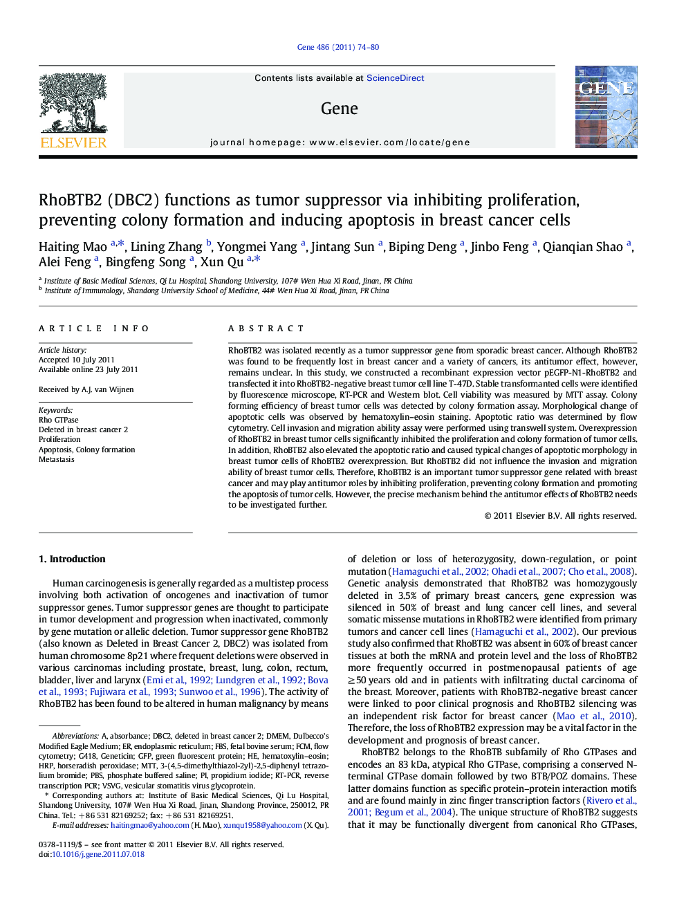 RhoBTB2 (DBC2) functions as tumor suppressor via inhibiting proliferation, preventing colony formation and inducing apoptosis in breast cancer cells