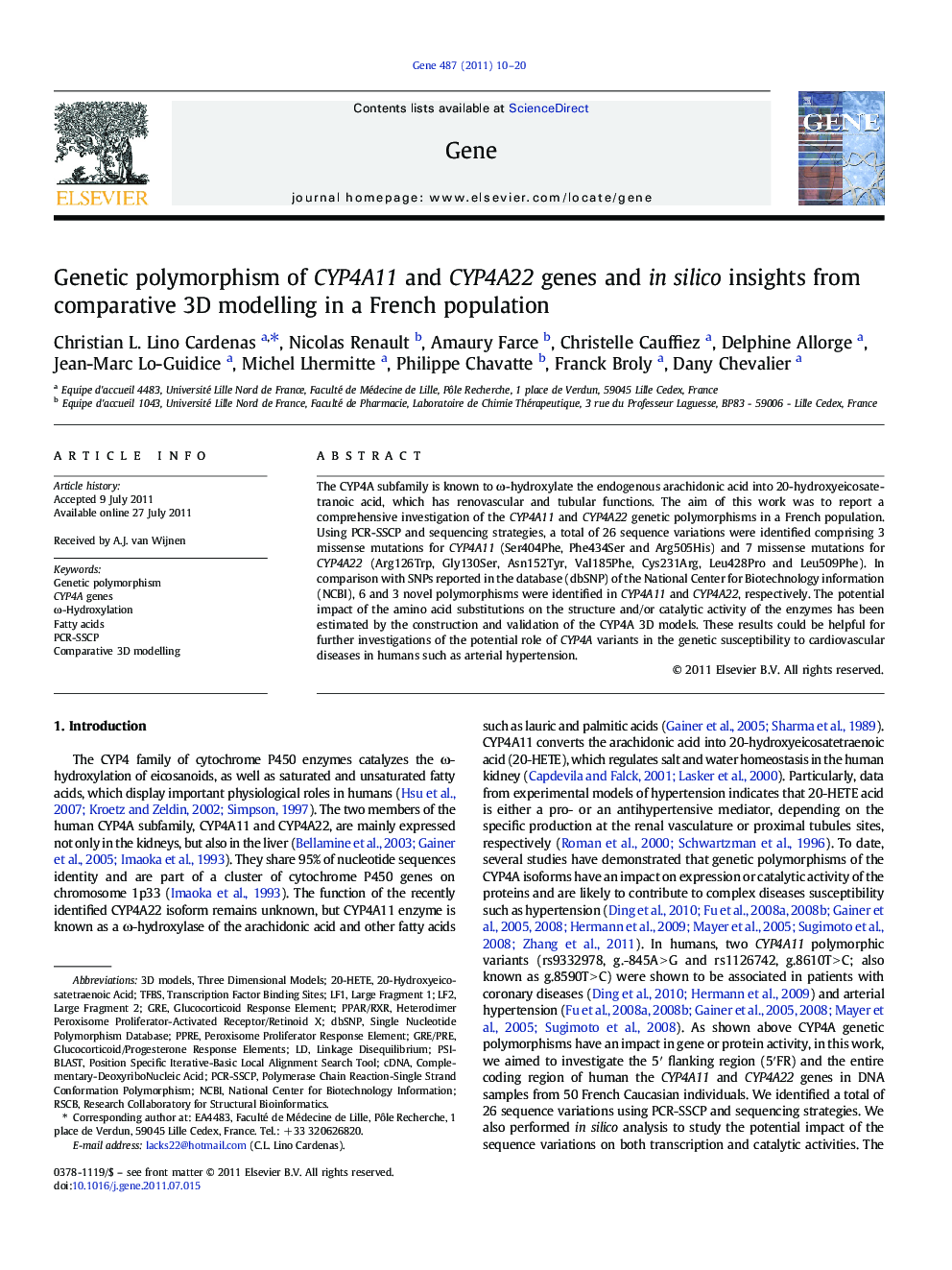 Genetic polymorphism of CYP4A11 and CYP4A22 genes and in silico insights from comparative 3D modelling in a French population