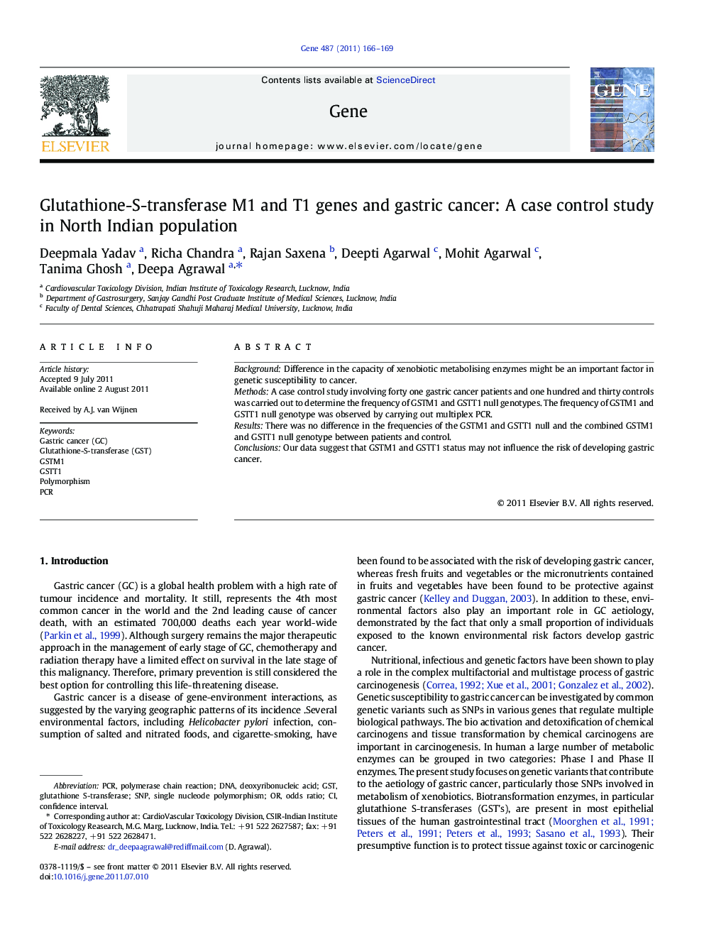 Glutathione-S-transferase M1 and T1 genes and gastric cancer: A case control study in North Indian population