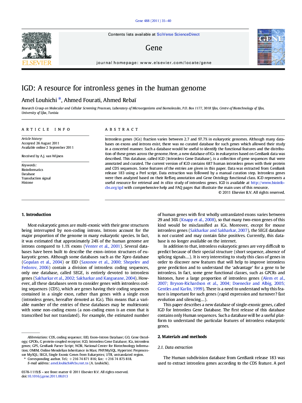 IGD: A resource for intronless genes in the human genome