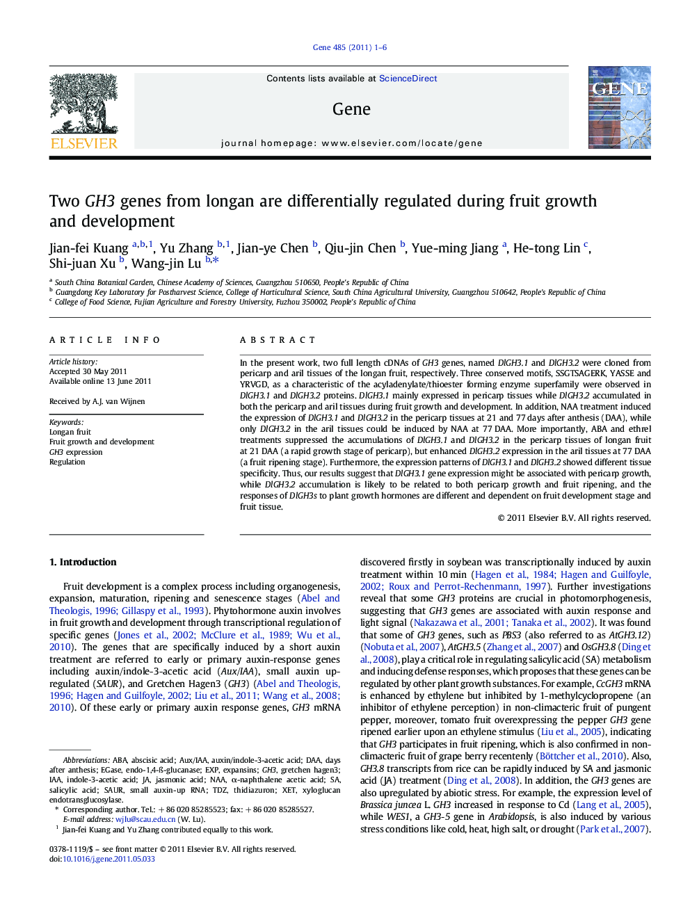 Two GH3 genes from longan are differentially regulated during fruit growth and development