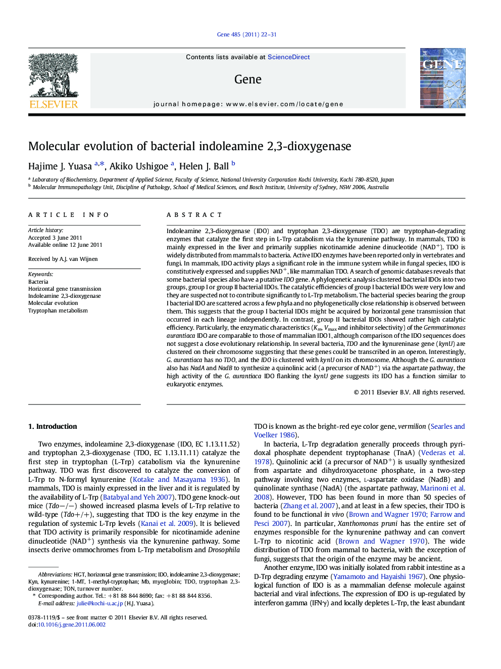 Molecular evolution of bacterial indoleamine 2,3-dioxygenase