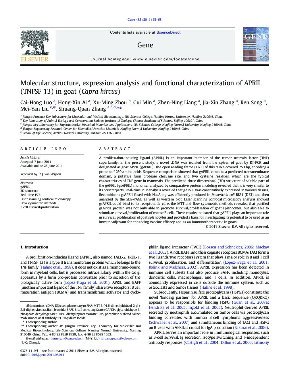 Molecular structure, expression analysis and functional characterization of APRIL (TNFSF 13) in goat (Capra hircus)