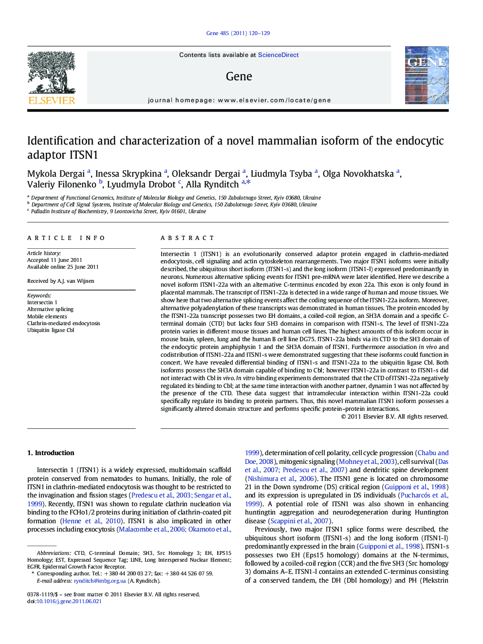 Identification and characterization of a novel mammalian isoform of the endocytic adaptor ITSN1