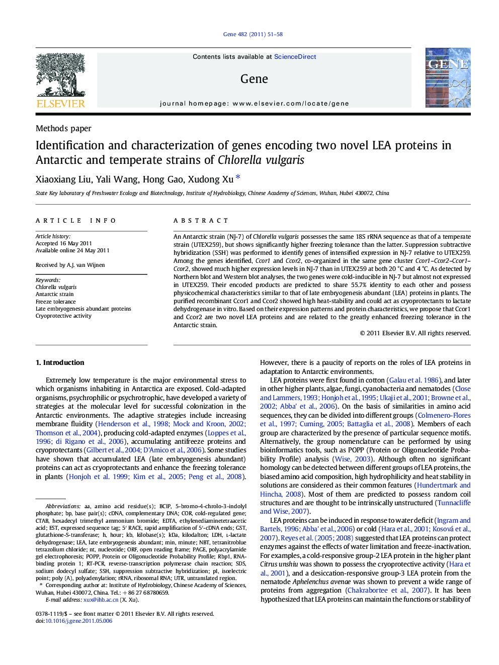 عکس صفحه اول مقاله: Identification and characterization of genes encoding two novel LEA proteins in Antarctic and temperate strains of Chlorella vulgaris Identification and characterization of genes encoding two novel LEA proteins in Antarctic and temperate strains of Chlorella vulgaris