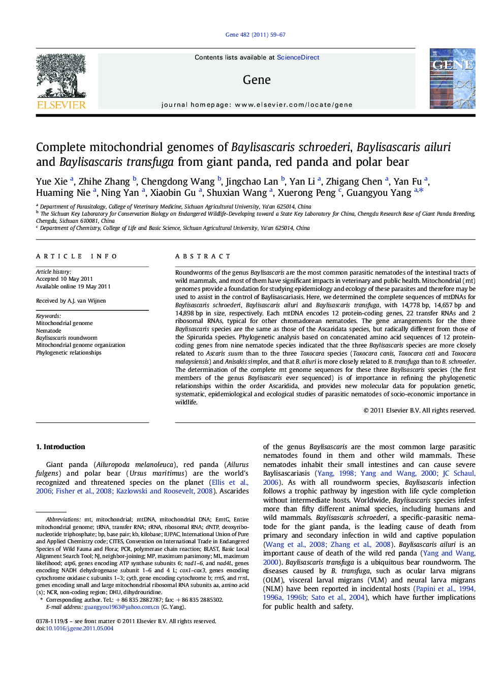 Complete mitochondrial genomes of Baylisascaris schroederi, Baylisascaris ailuri and Baylisascaris transfuga from giant panda, red panda and polar bear