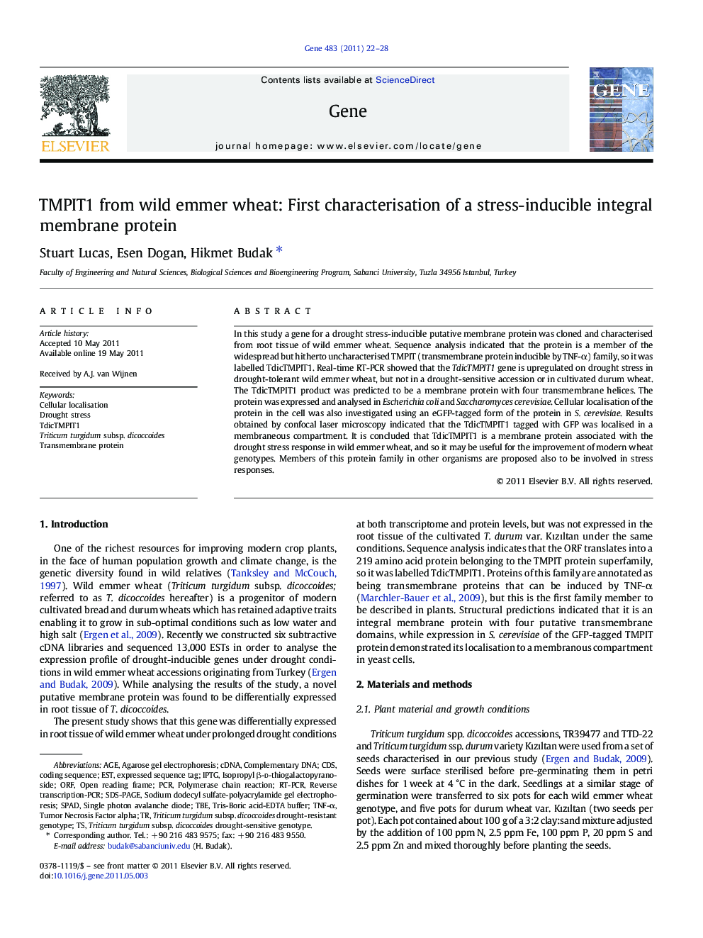 TMPIT1 from wild emmer wheat: First characterisation of a stress-inducible integral membrane protein