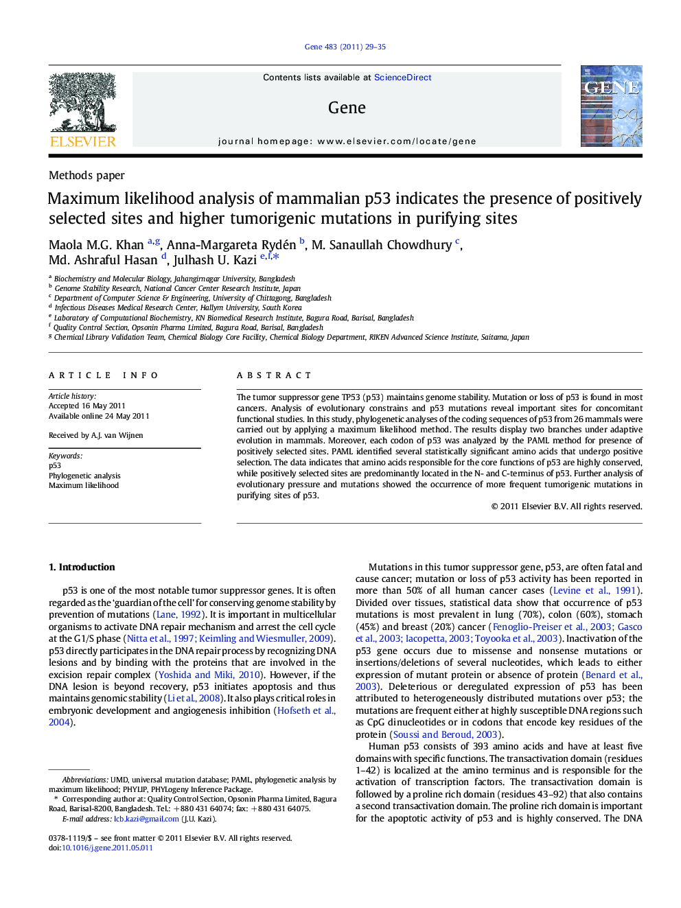 Maximum likelihood analysis of mammalian p53 indicates the presence of positively selected sites and higher tumorigenic mutations in purifying sites