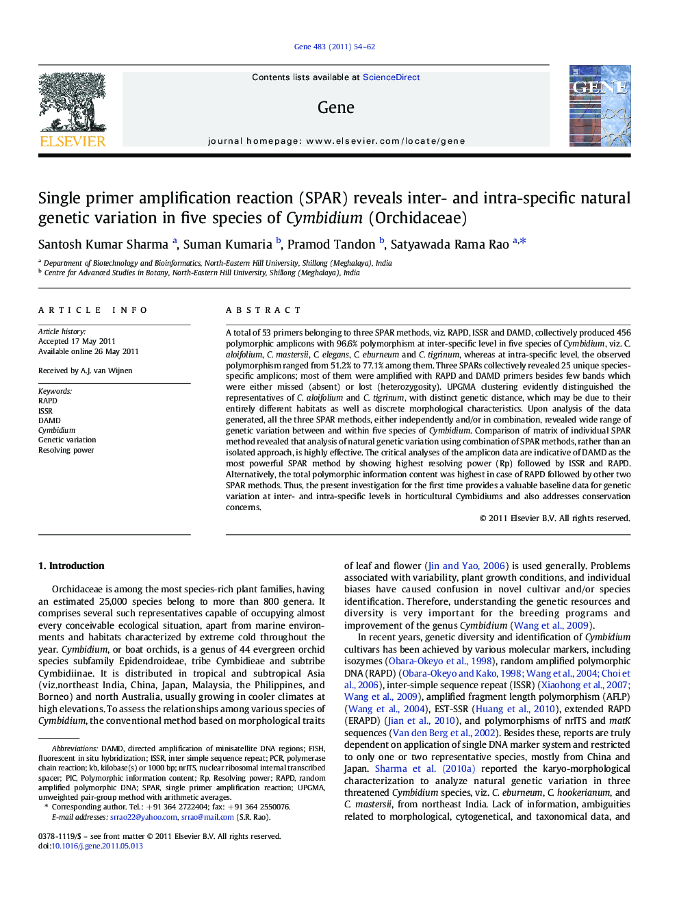 Single primer amplification reaction (SPAR) reveals inter- and intra-specific natural genetic variation in five species of Cymbidium (Orchidaceae)