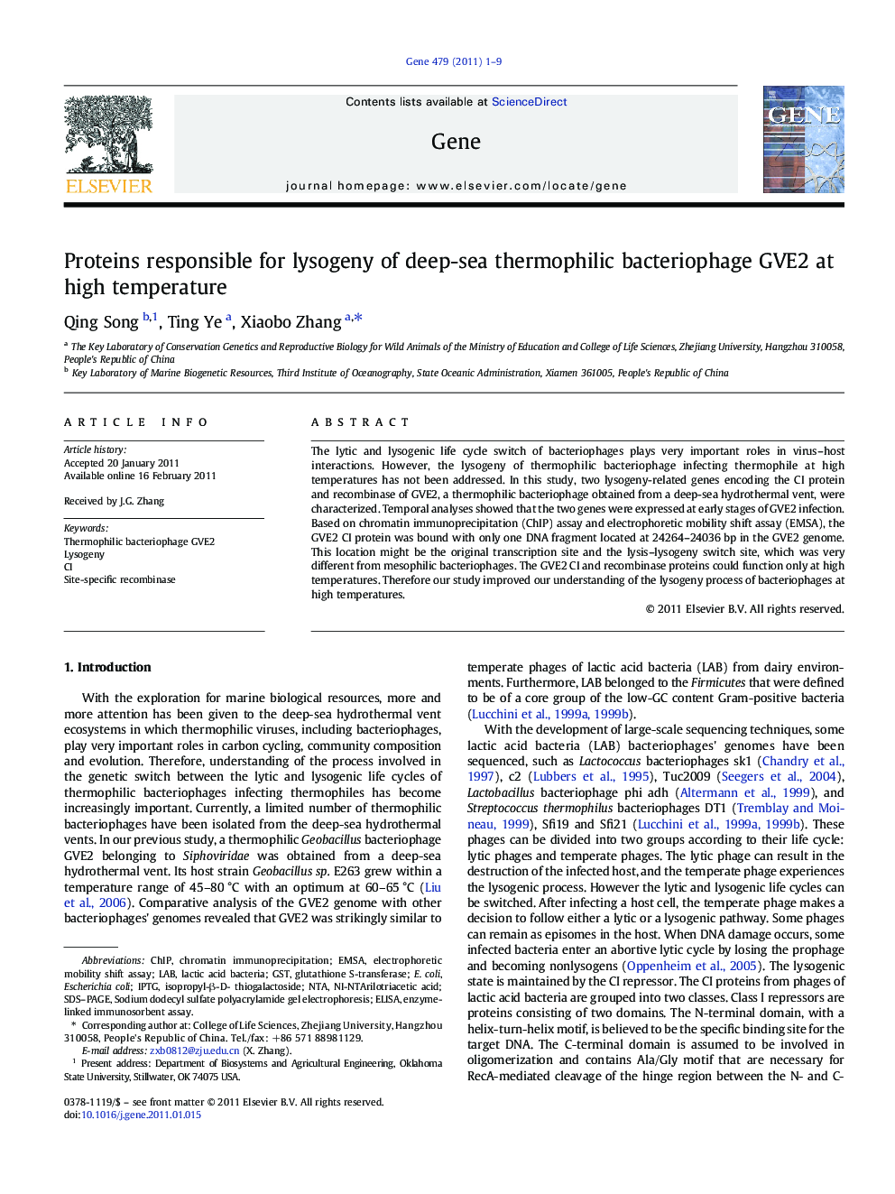 Proteins responsible for lysogeny of deep-sea thermophilic bacteriophage GVE2 at high temperature