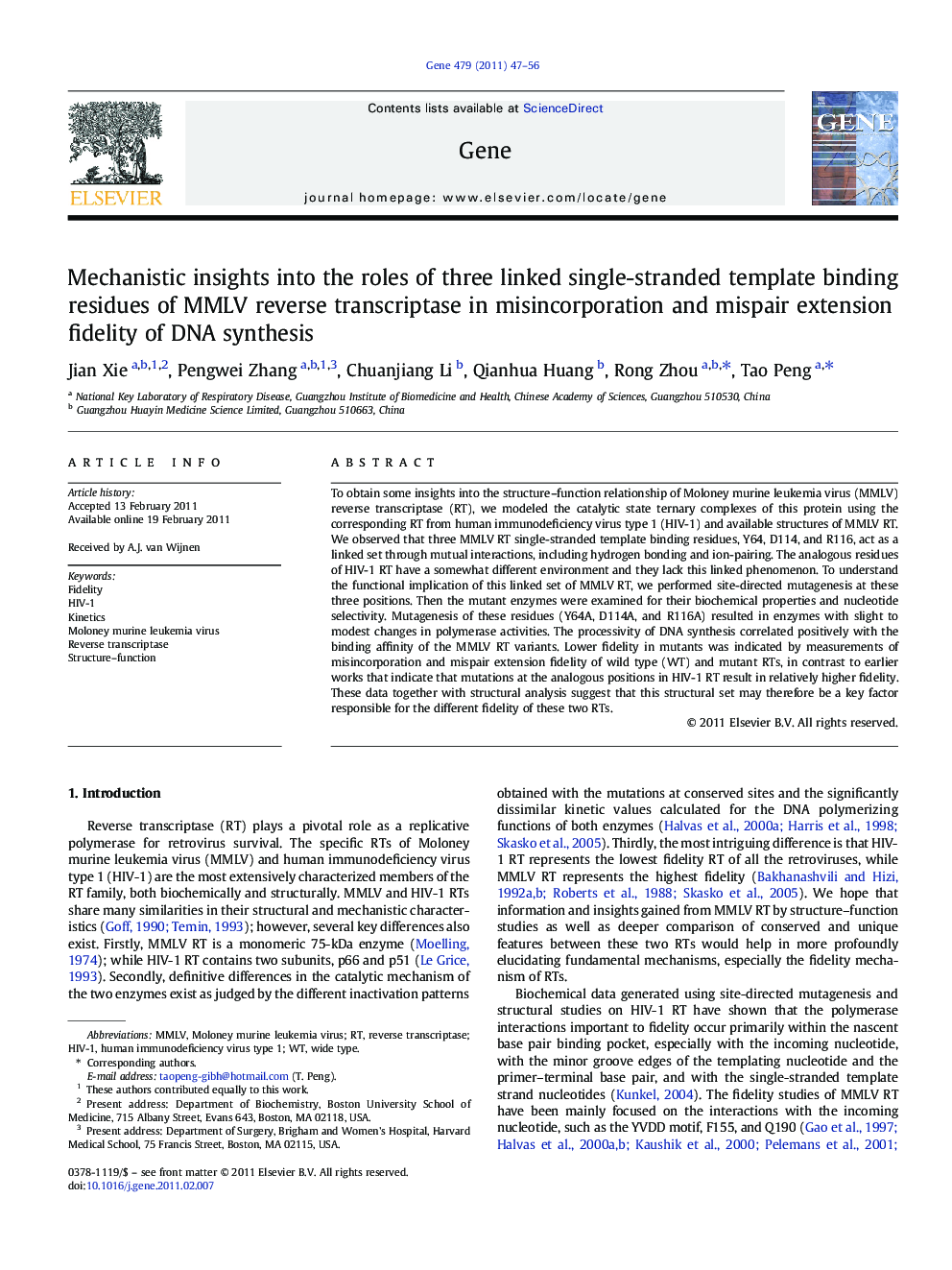 عکس صفحه اول مقاله: Mechanistic insights into the roles of three linked single-stranded template binding residues of MMLV reverse transcriptase in misincorporation and mispair extension fidelity of DNA synthesis Mechanistic insights into the roles of three linked single-stranded template binding residues of MMLV reverse transcriptase in misincorporation and mispair extension fidelity of DNA synthesis