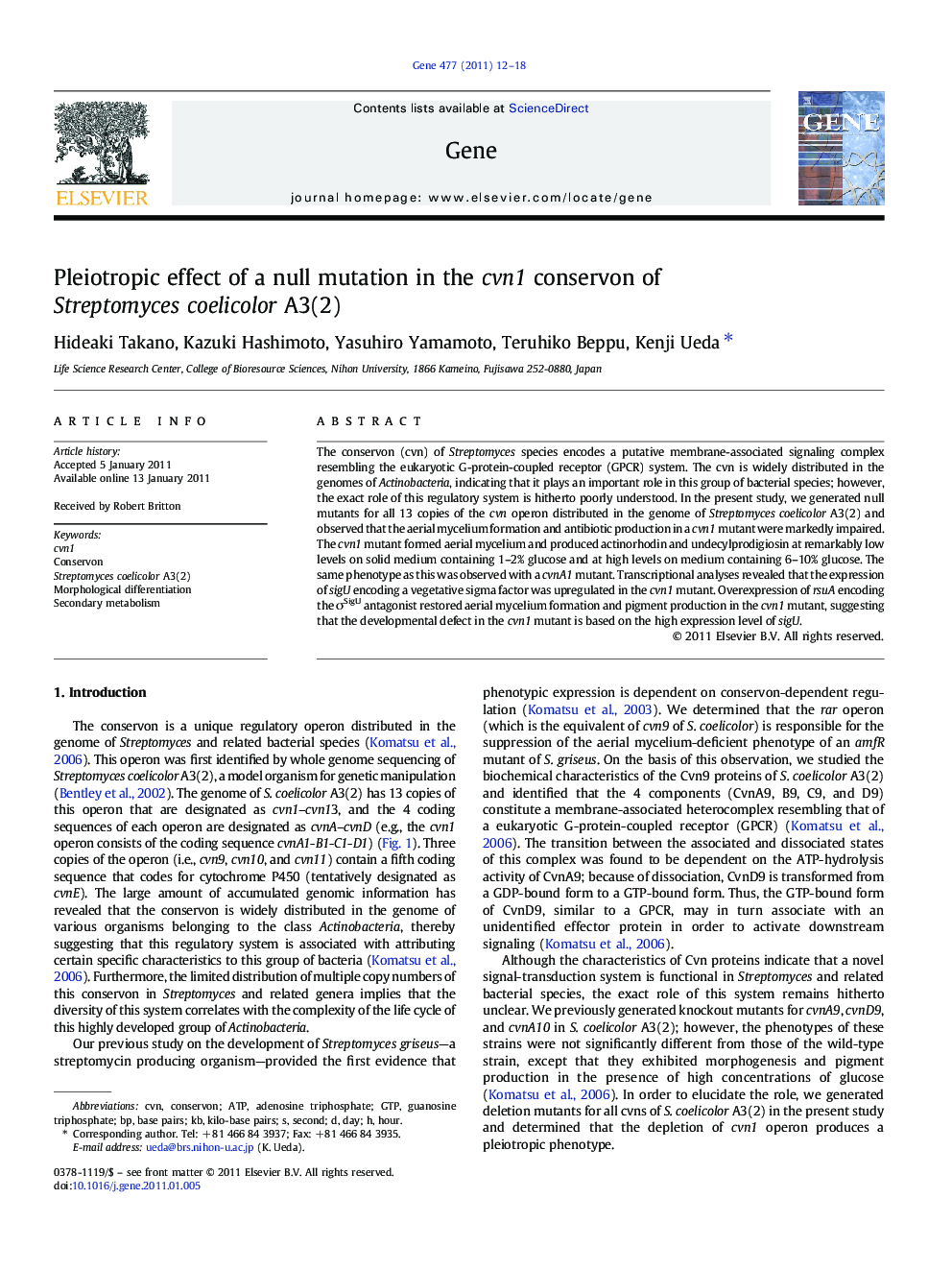 Pleiotropic effect of a null mutation in the cvn1 conservon of Streptomyces coelicolor A3(2)