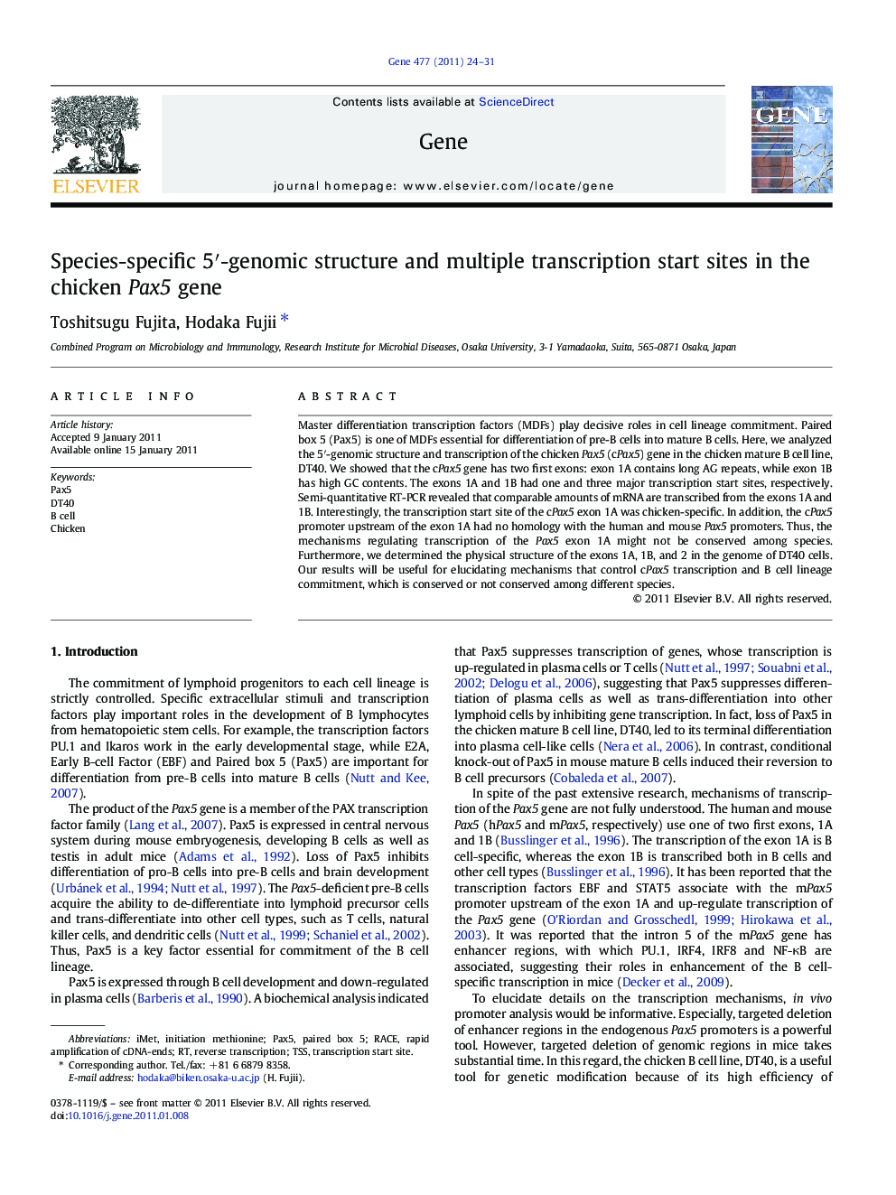 Species-specific 5′-genomic structure and multiple transcription start sites in the chicken Pax5 gene