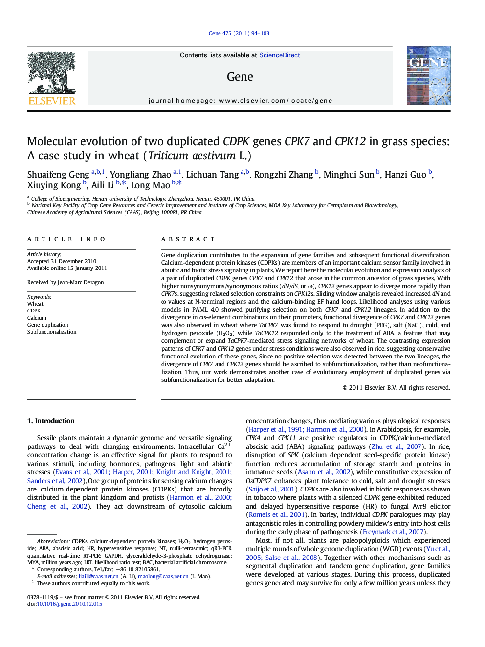 Molecular evolution of two duplicated CDPK genes CPK7 and CPK12 in grass species: A case study in wheat (Triticum aestivum L.)