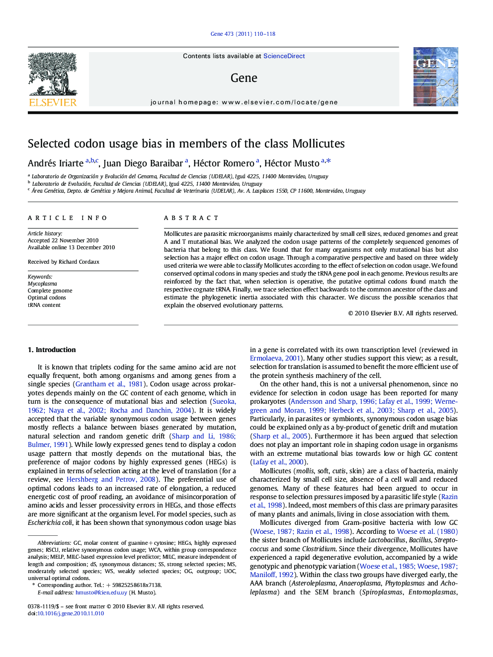 Selected codon usage bias in members of the class Mollicutes