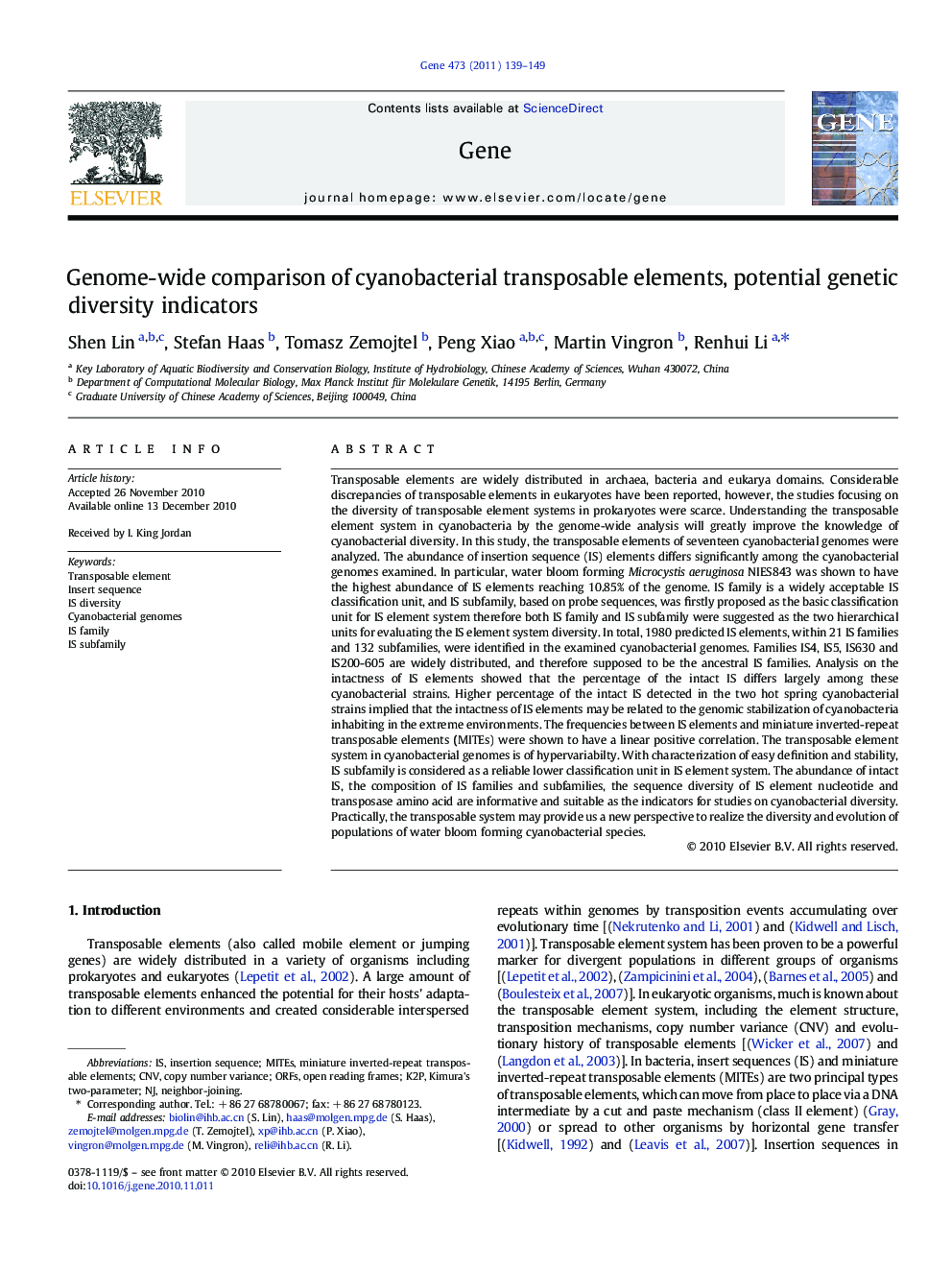 Genome-wide comparison of cyanobacterial transposable elements, potential genetic diversity indicators