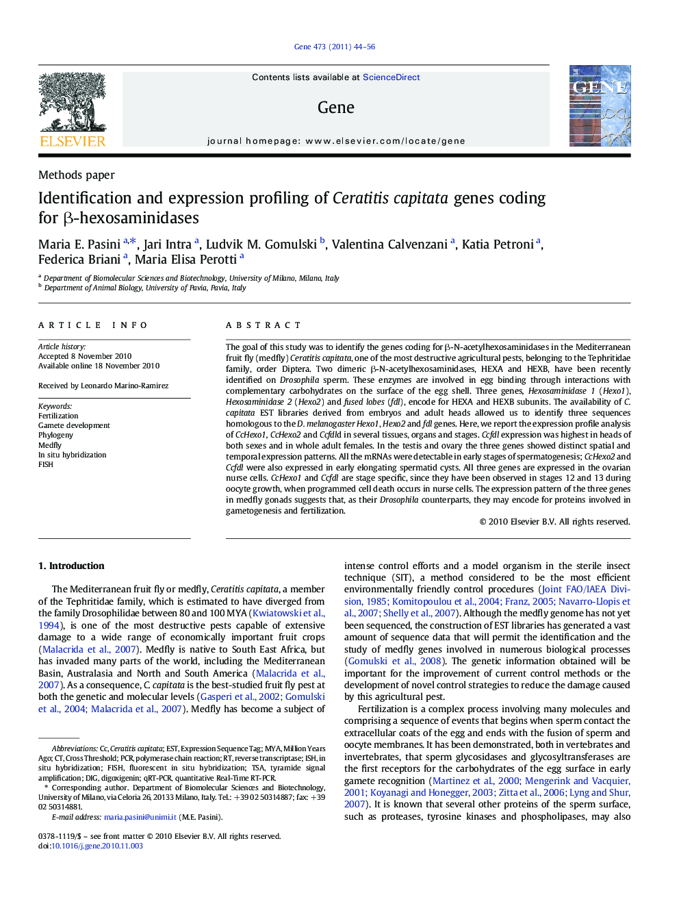 Identification and expression profiling of Ceratitis capitata genes coding for β-hexosaminidases