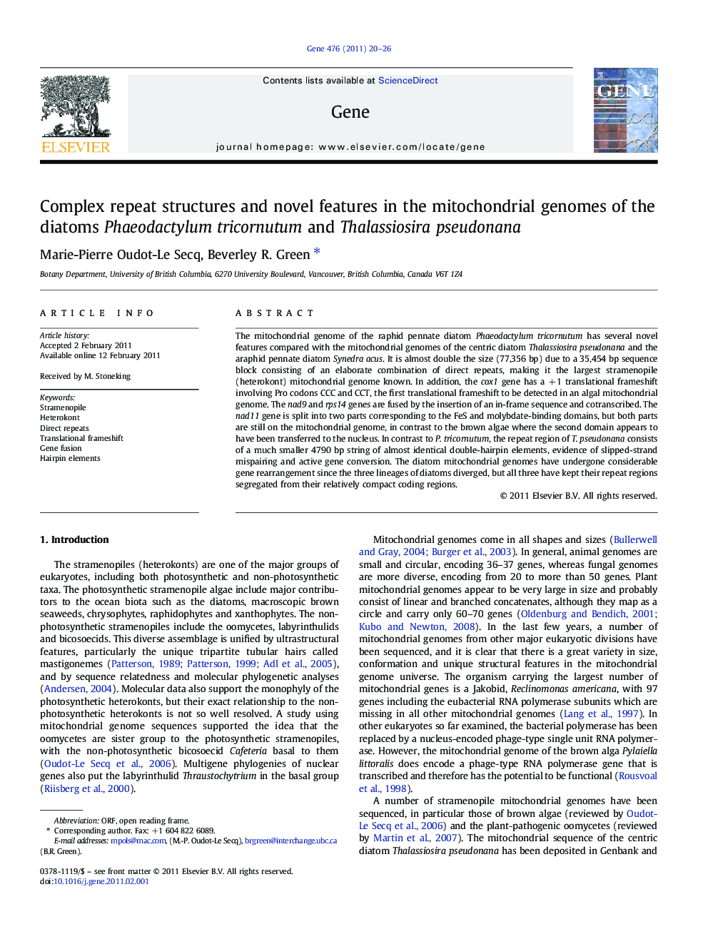 Complex repeat structures and novel features in the mitochondrial genomes of the diatoms Phaeodactylum tricornutum and Thalassiosira pseudonana