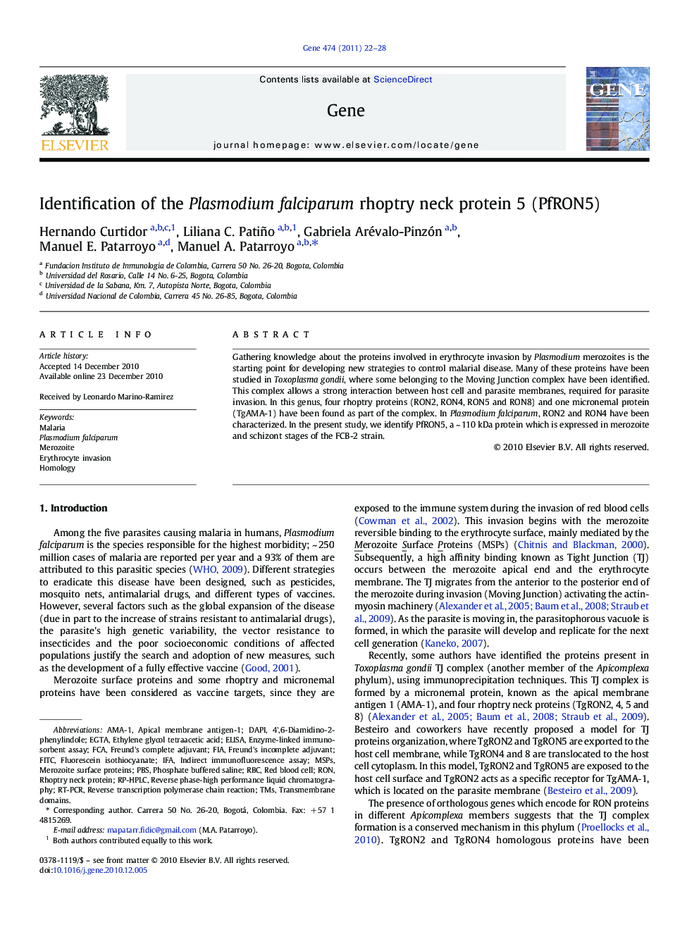 Identification of the Plasmodium falciparum rhoptry neck protein 5 (PfRON5)