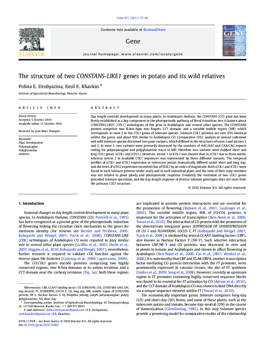 The structure of two CONSTANS-LIKE1 genes in potato and its wild relatives