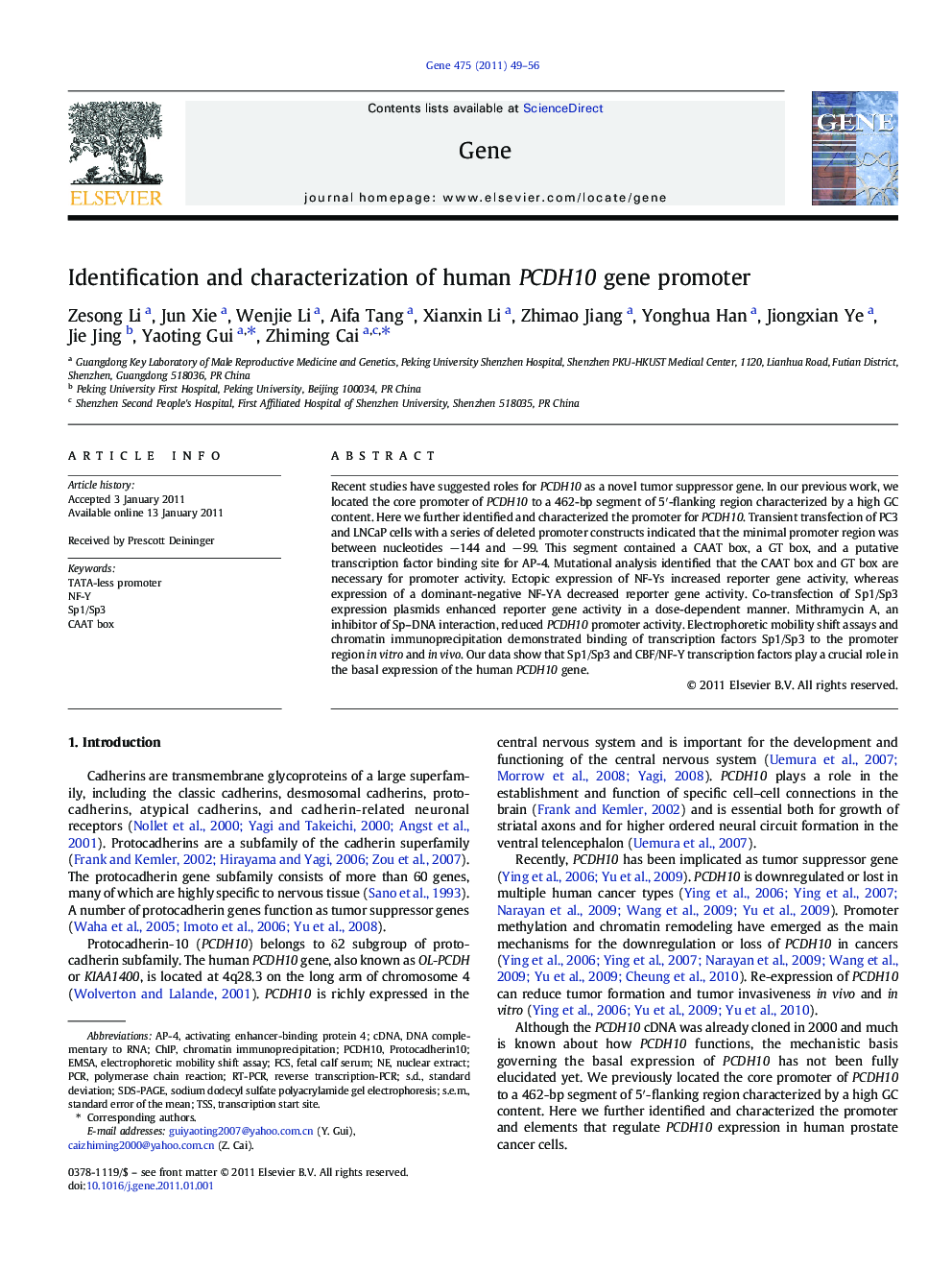 Identification and characterization of human PCDH10 gene promoter