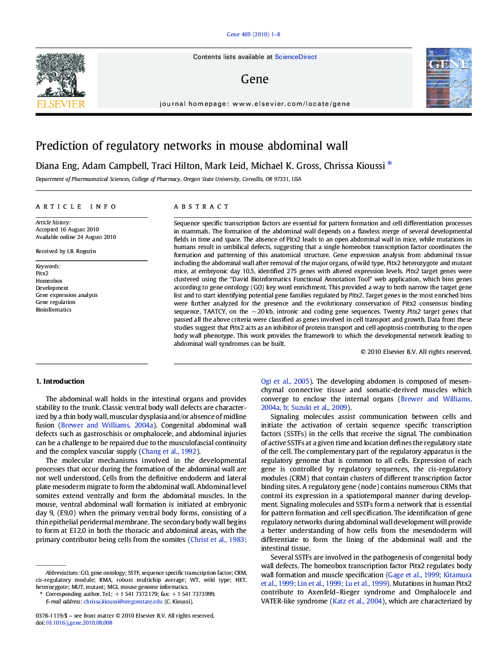 Prediction of regulatory networks in mouse abdominal wall