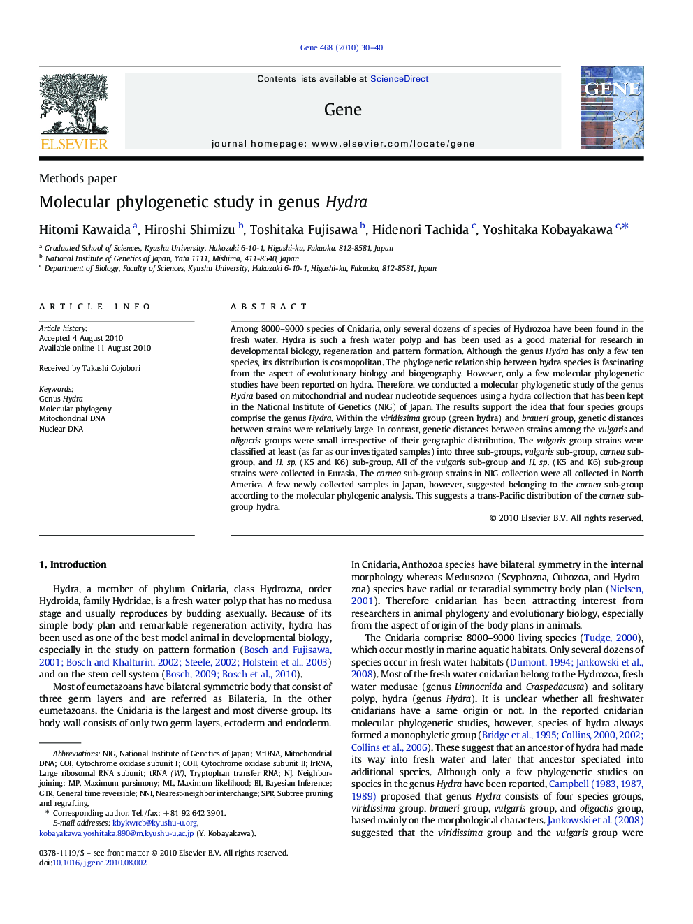 Molecular phylogenetic study in genus Hydra