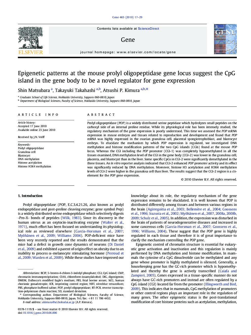 Epigenetic patterns at the mouse prolyl oligopeptidase gene locus suggest the CpG island in the gene body to be a novel regulator for gene expression