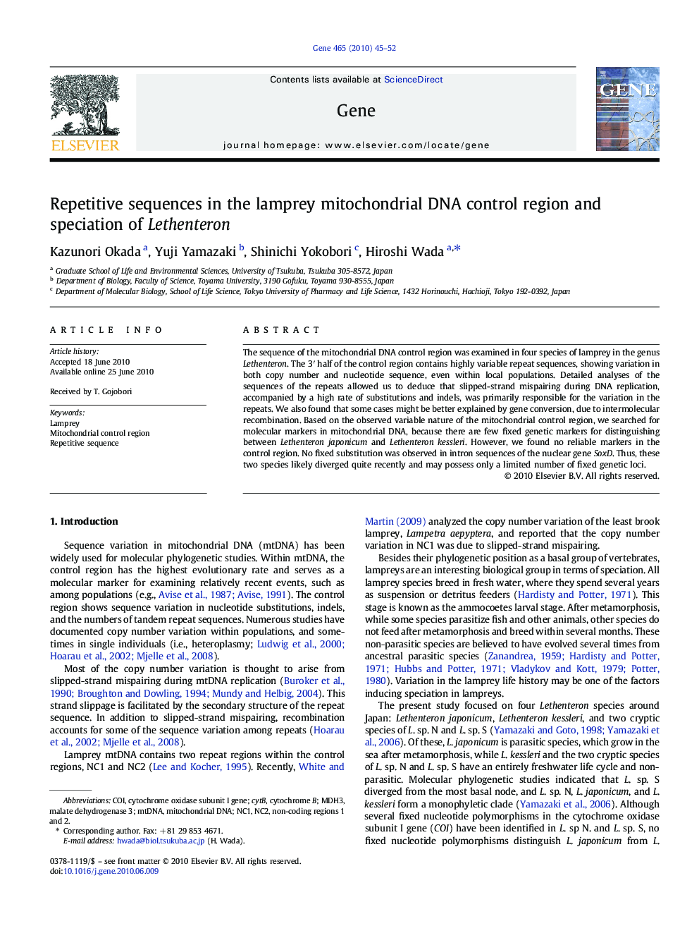 Repetitive sequences in the lamprey mitochondrial DNA control region and speciation of Lethenteron