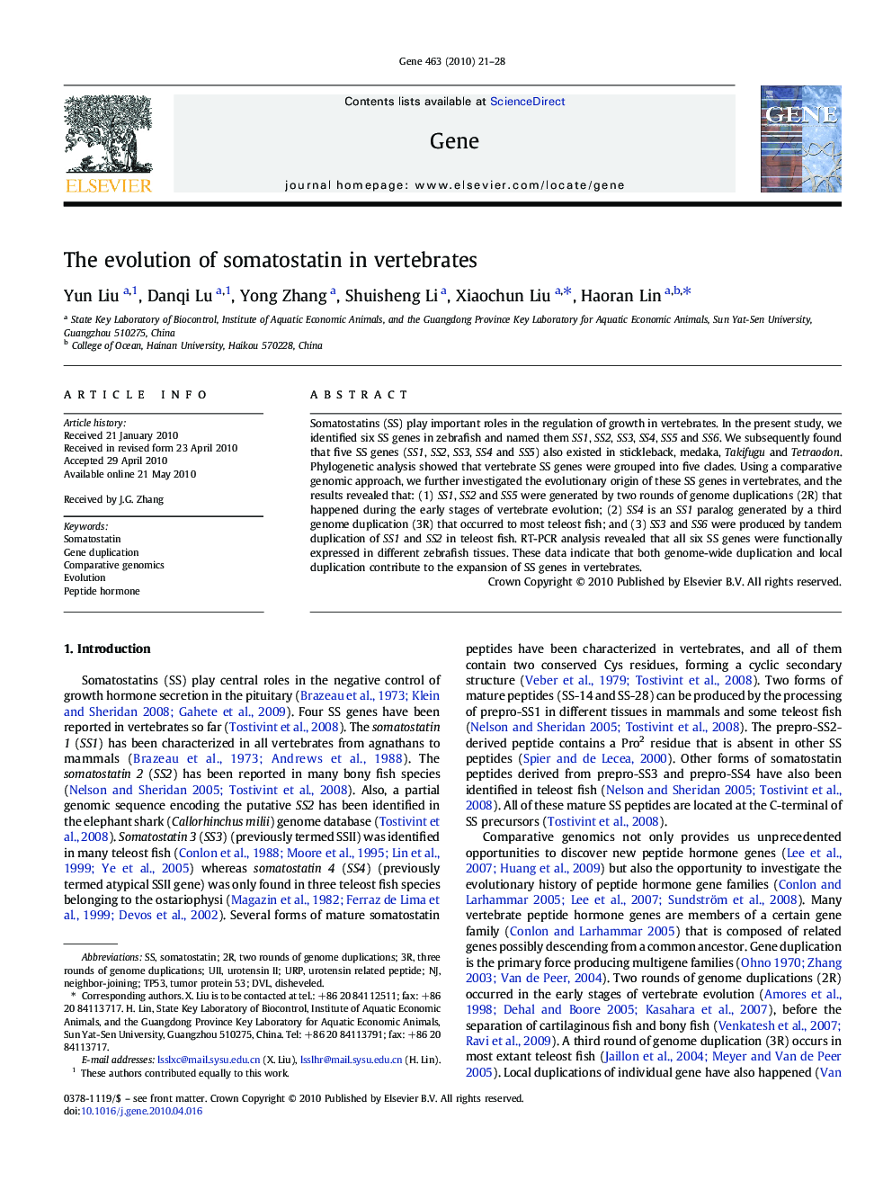 The evolution of somatostatin in vertebrates