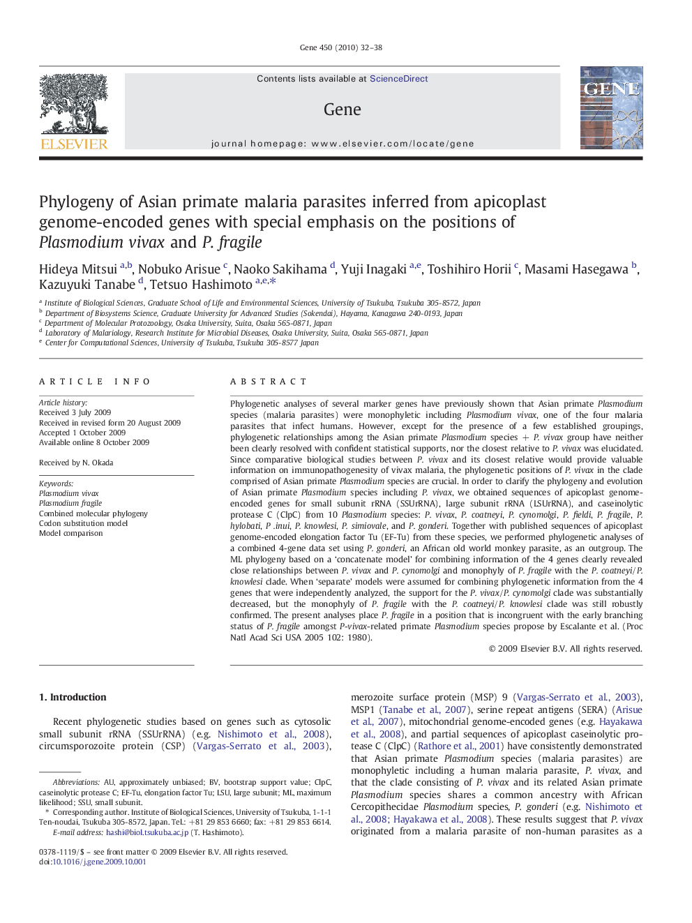 Phylogeny of Asian primate malaria parasites inferred from apicoplast genome-encoded genes with special emphasis on the positions of Plasmodium vivax and P. fragile