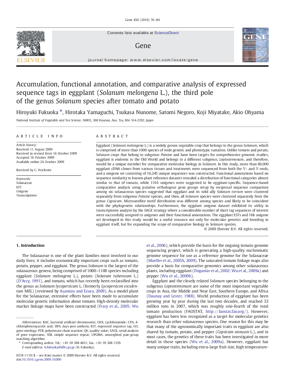 Accumulation, functional annotation, and comparative analysis of expressed sequence tags in eggplant (Solanum melongena L.), the third pole of the genus Solanum species after tomato and potato