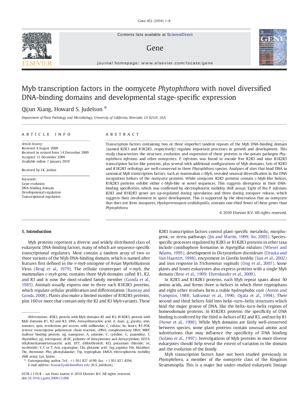 Myb transcription factors in the oomycete Phytophthora with novel diversified DNA-binding domains and developmental stage-specific expression