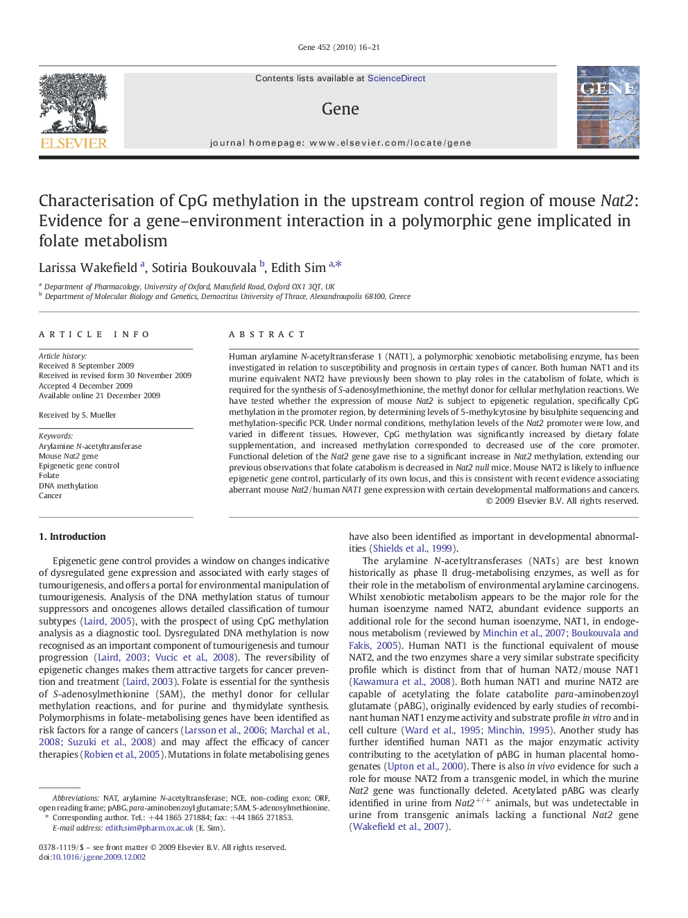 Characterisation of CpG methylation in the upstream control region of mouse Nat2: Evidence for a gene–environment interaction in a polymorphic gene implicated in folate metabolism