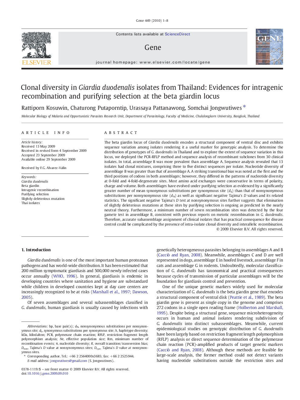 Clonal diversity in Giardia duodenalis isolates from Thailand: Evidences for intragenic recombination and purifying selection at the beta giardin locus