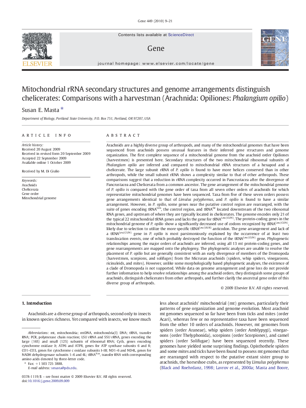 Mitochondrial rRNA secondary structures and genome arrangements distinguish chelicerates: Comparisons with a harvestman (Arachnida: Opiliones: Phalangium opilio)