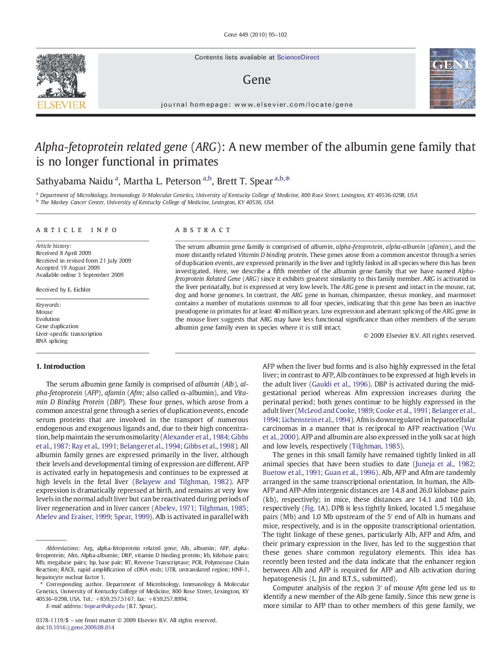 Alpha-fetoprotein related gene (ARG): A new member of the albumin gene family that is no longer functional in primates