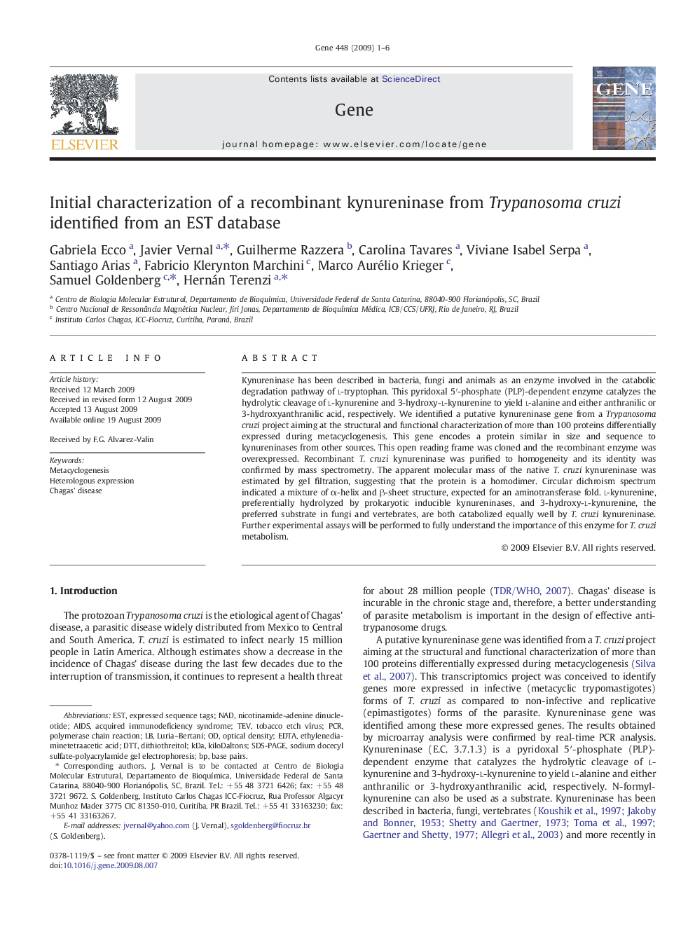 Initial characterization of a recombinant kynureninase from Trypanosoma cruzi identified from an EST database