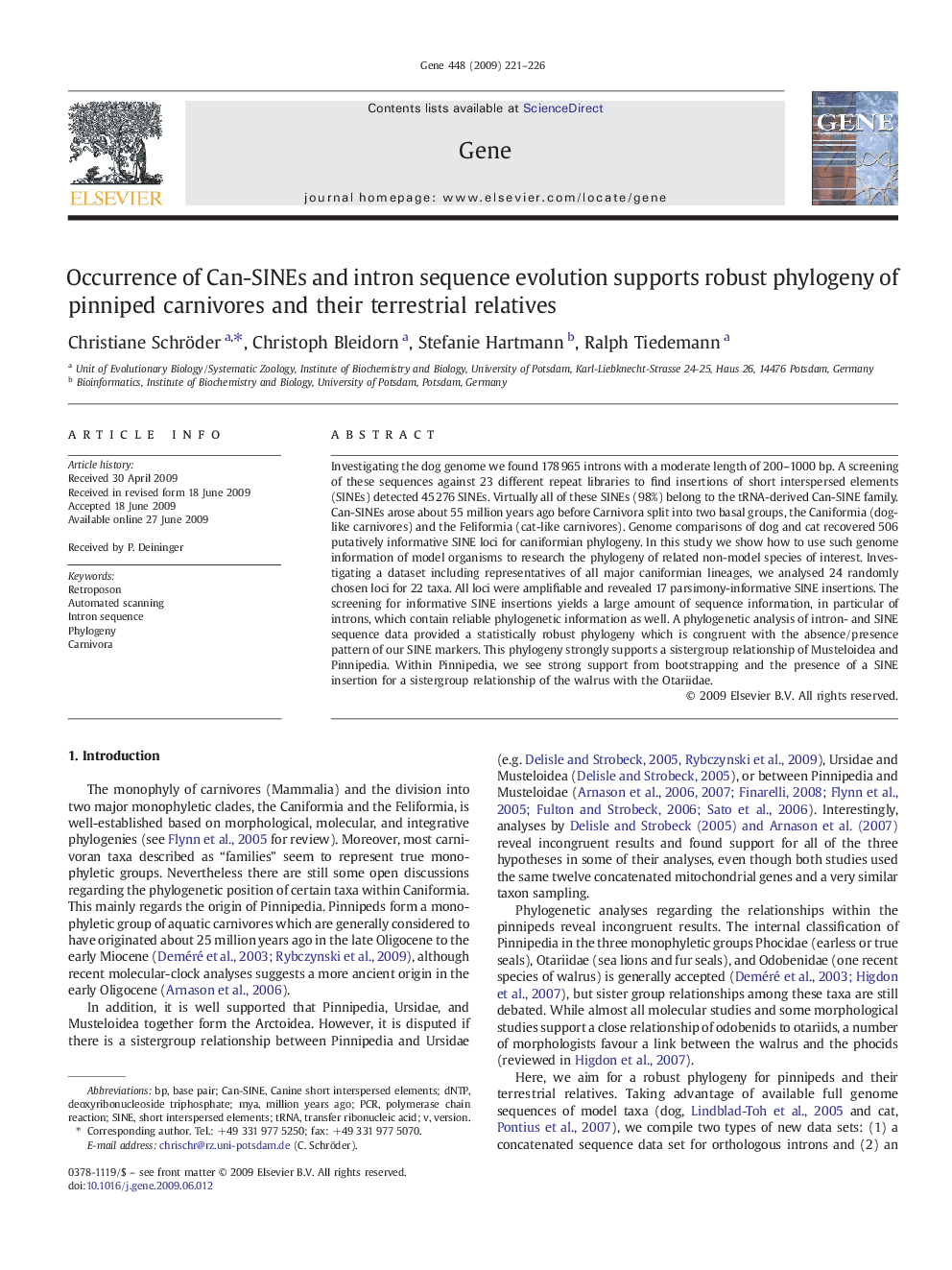 Occurrence of Can-SINEs and intron sequence evolution supports robust phylogeny of pinniped carnivores and their terrestrial relatives