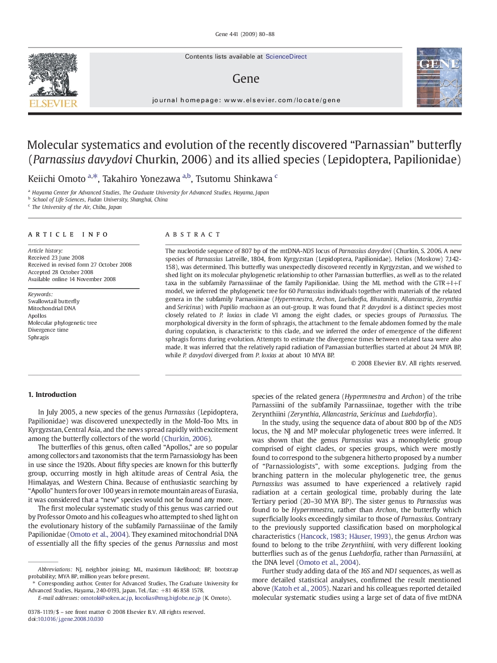 Molecular systematics and evolution of the recently discovered “Parnassian” butterfly (Parnassius davydovi Churkin, 2006) and its allied species (Lepidoptera, Papilionidae)