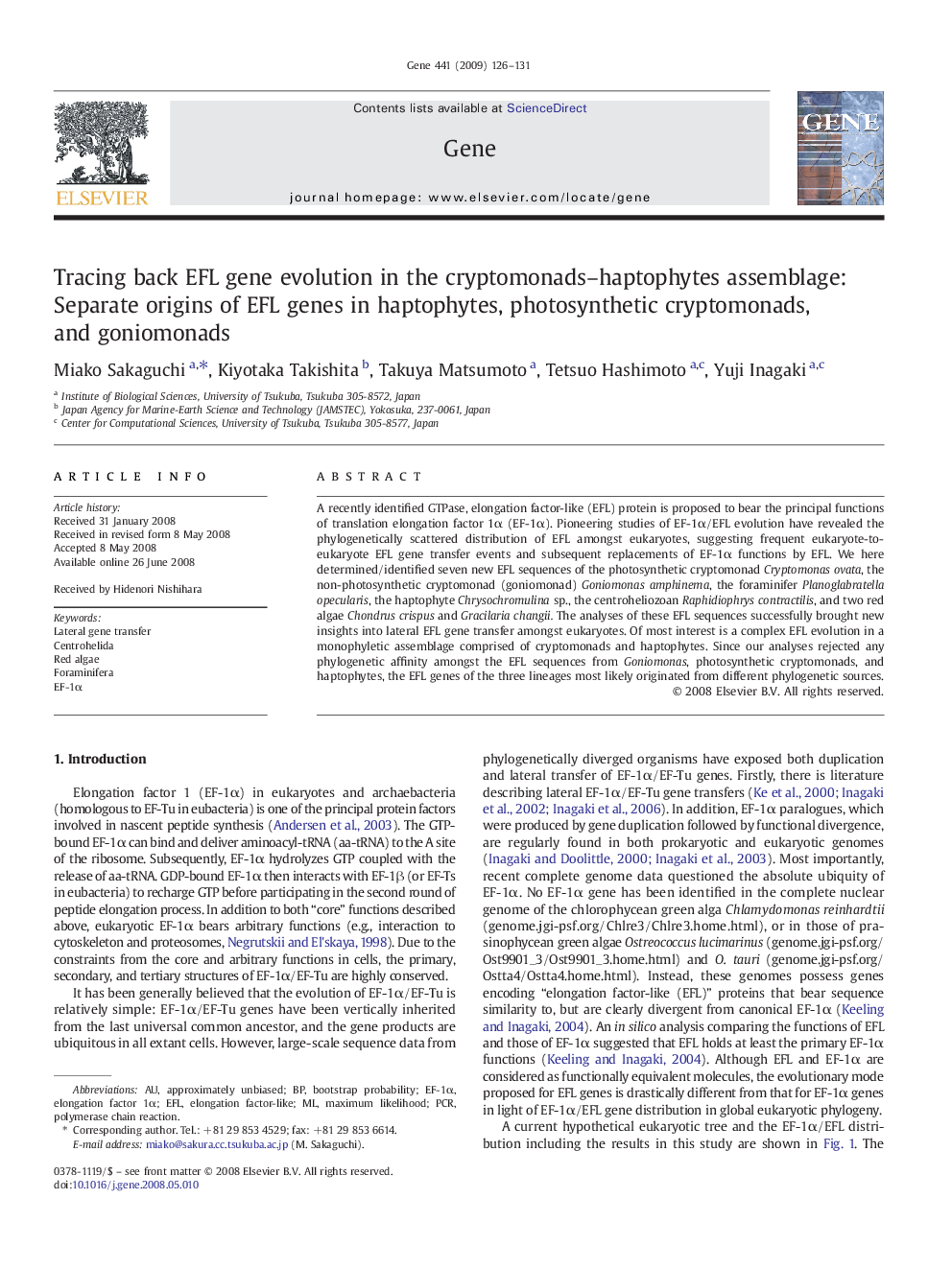 Tracing back EFL gene evolution in the cryptomonads-haptophytes assemblage: Separate origins of EFL genes in haptophytes, photosynthetic cryptomonads, and goniomonads