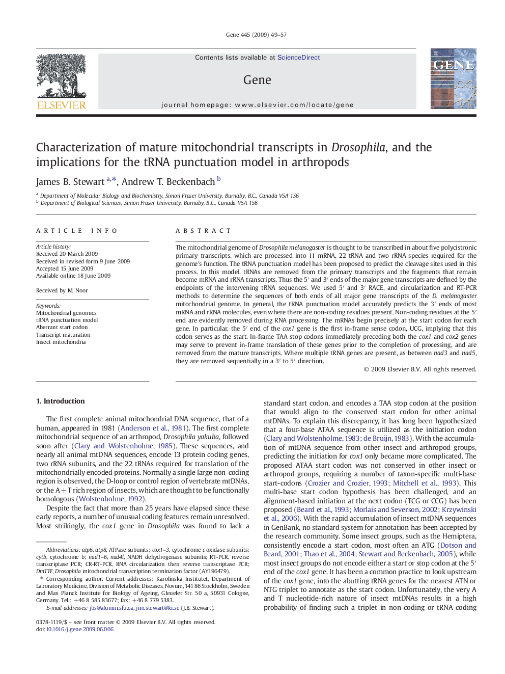 Characterization of mature mitochondrial transcripts in Drosophila, and the implications for the tRNA punctuation model in arthropods