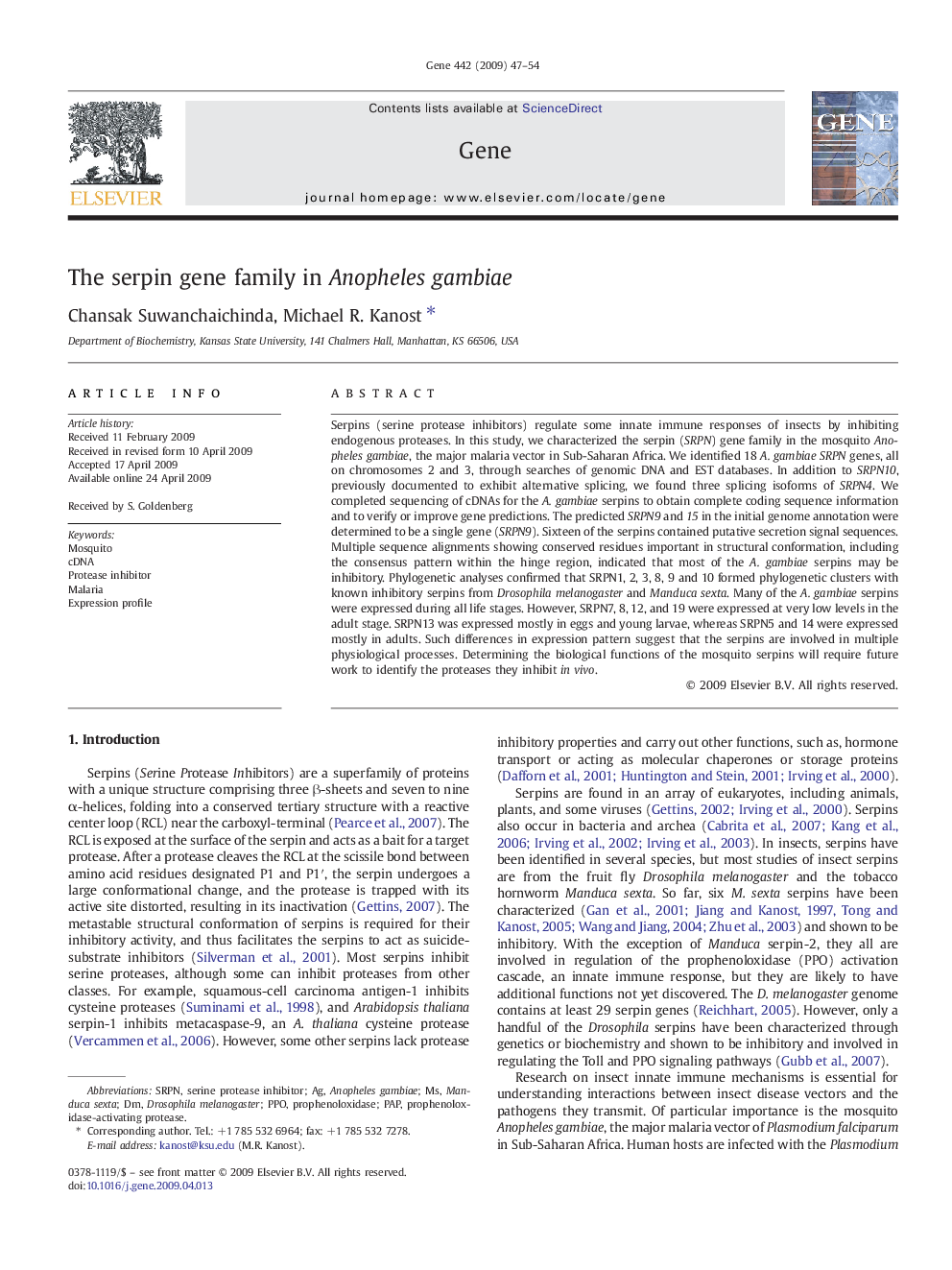 The serpin gene family in Anopheles gambiae